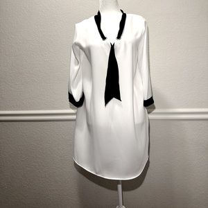 Zara White Mini Dress Black Tie Collar 3/4th Cuffs With Black Trim Size Small